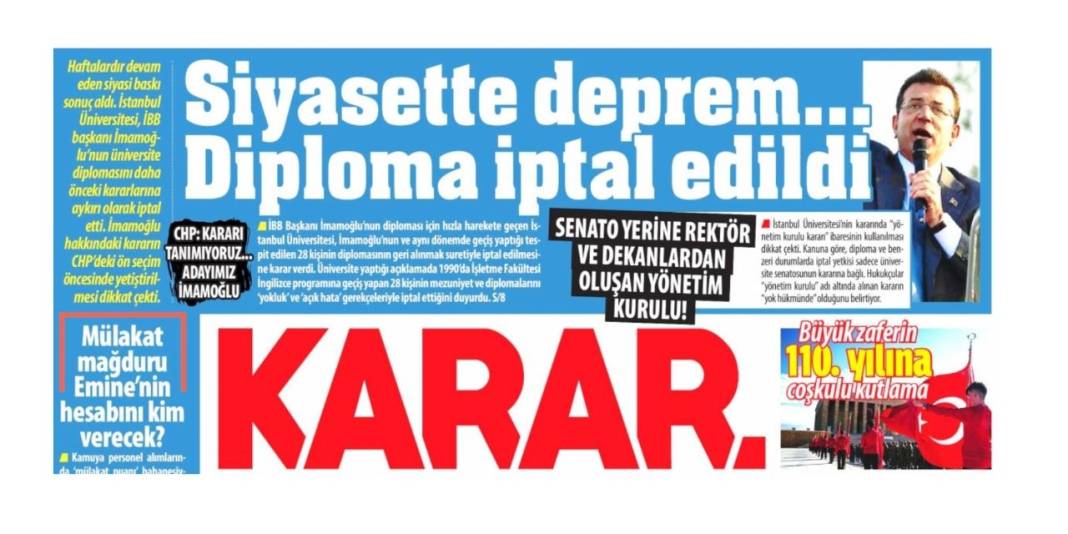 Ekrem İmamoğlu'nun diplomasının iptal edilmesi gazete manşetlerinde 1