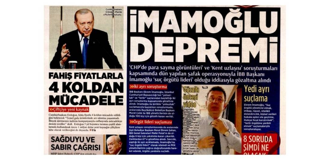 İmamoğlu'nun gözaltına alınması gazete manşetlerinde 1