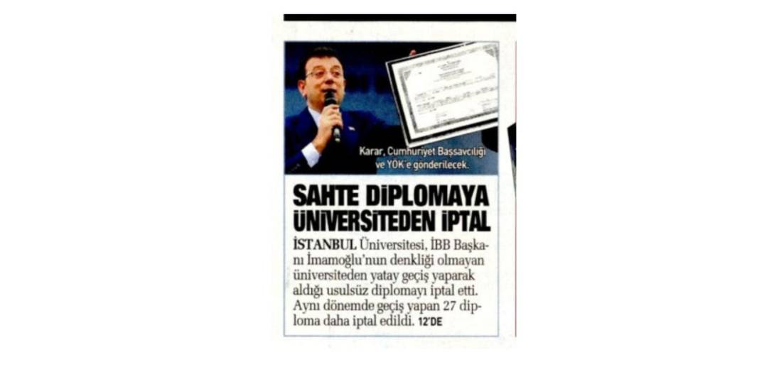 Ekrem İmamoğlu'nun diplomasının iptal edilmesi gazete manşetlerinde 9