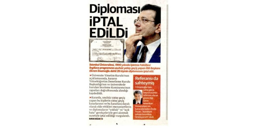 Ekrem İmamoğlu'nun diplomasının iptal edilmesi gazete manşetlerinde 2