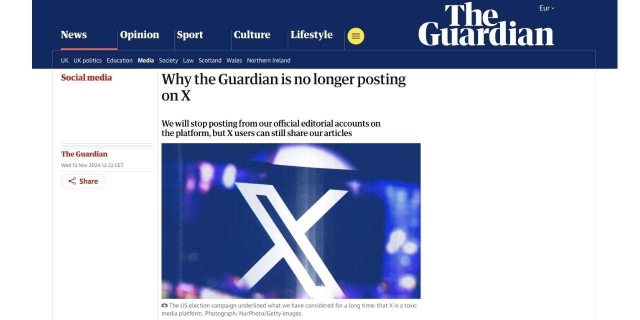 The Guardian, sosyal medya platformu X'te paylaşım yapmayacağını duyurdu