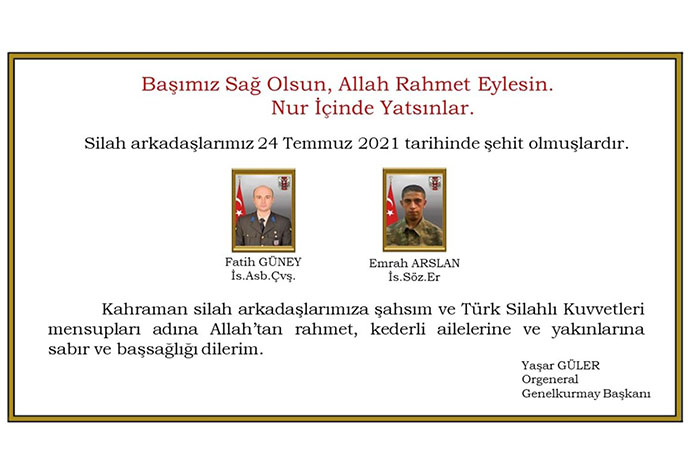 MSB: "Fırat Kalkanı bölgesinde 2 şehit"