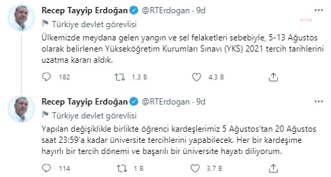 Erdoğan: "Yangın ve sel felaketleri nedeniyle YKS tercih süresini uzattık"