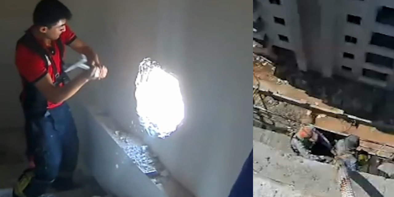 İnşaat iskelesinde mahsur kalan işçiler, duvar kırılarak kurtarıldı