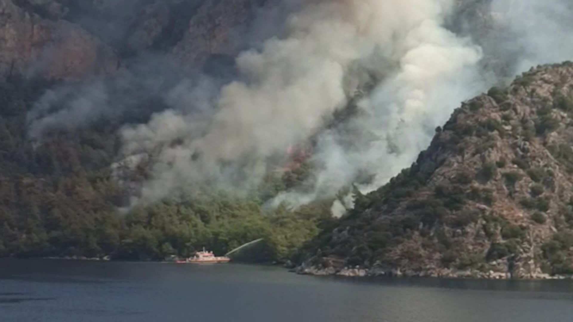 Marmaris'in Turgut köyündeki orman yangınına denizden ve havadan müdahale ediliyor
