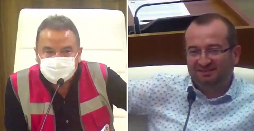 Antalya Belediye Başkanı Böcek yangını anlatırken, AKP'li Demir gülerek dinledi