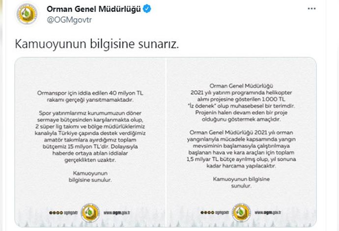 Orman Genel Müdürlüğü “Hava ve kara araçları için 1,5 milyar TL bütçe ayrıldı” tweet’ini sildi