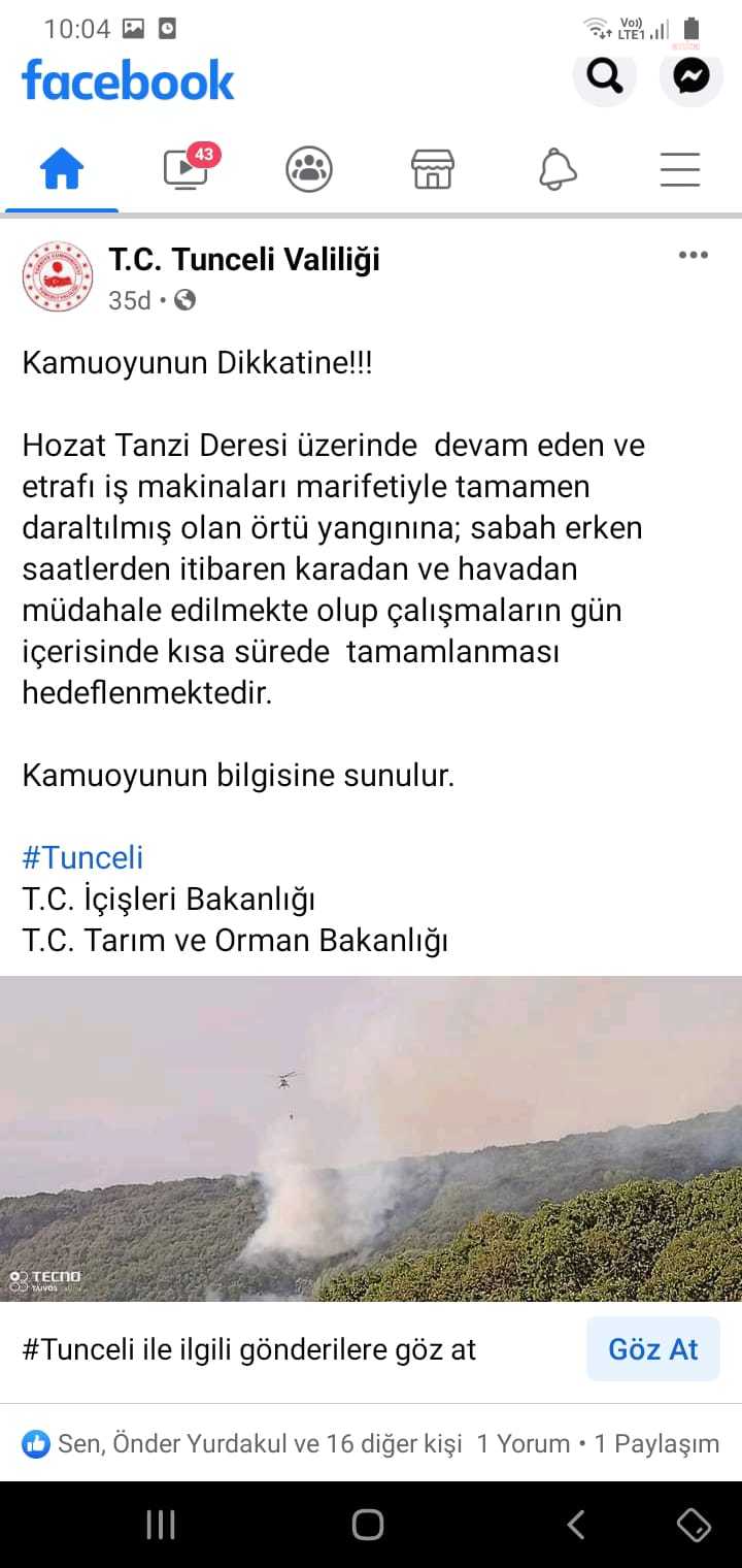 Tunceli Valiliği: Hozat'taki orman yangınına havadan müdahaleye başlandı
