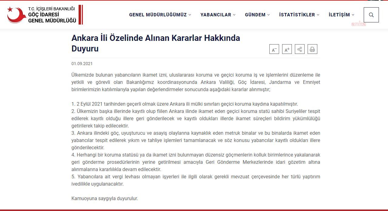 Ankara, geçici koruma kayıtlarına kapatıldı