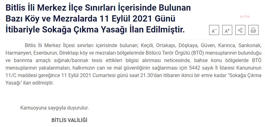 Bitlis'te 9 köyde sokağa çıkmak yasaklandı