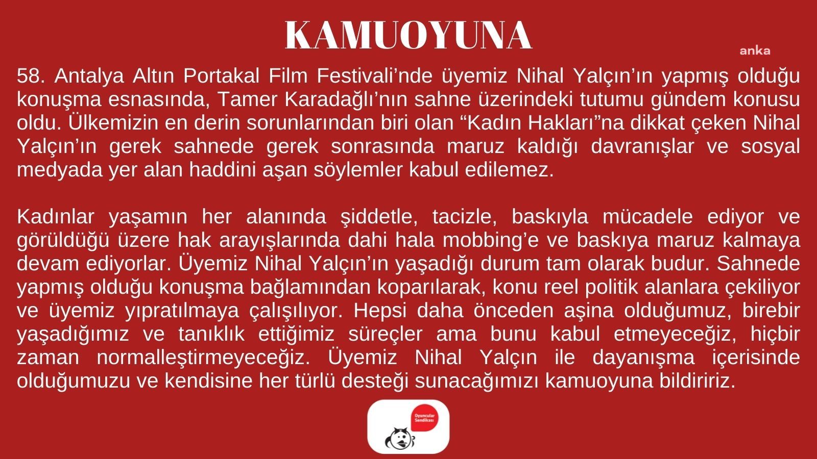 Oyuncular Sendikası'ndan Nihal Yalçın'a destek mesajı