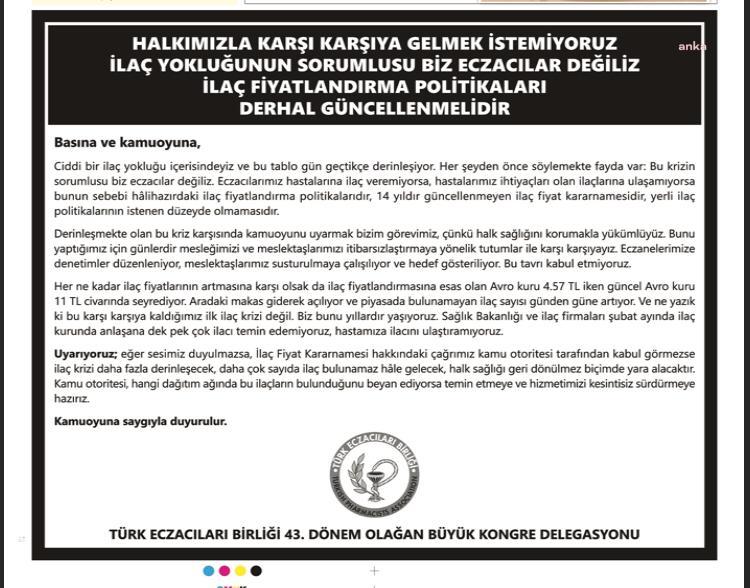 Türk Eczacılar Birliği'nden gazete ilanı: "İlaç yokluğunun sorumlusu biz değiliz"