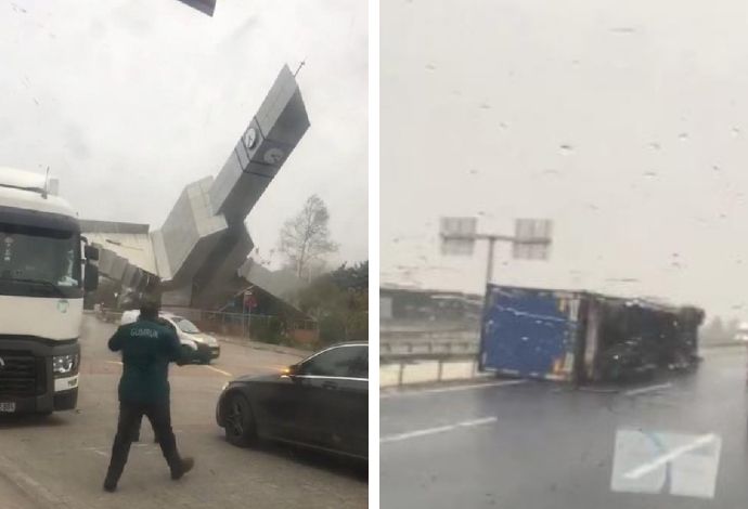 Çatalca'da lodos saat kulesini ve TIR'ları devirdi
