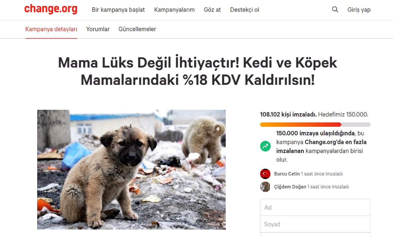 Kedi-köpek mamalarında yüzde 18 KDV'nin kaldırılması için imza kampanyası