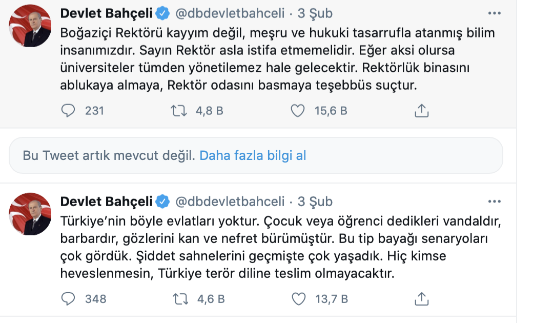 Twitter, Bahçeli'nin protestocu Boğaziçili öğrencilere "başı ezilmesi gereken zehirli yılanlar" dediği paylaşımını sildi