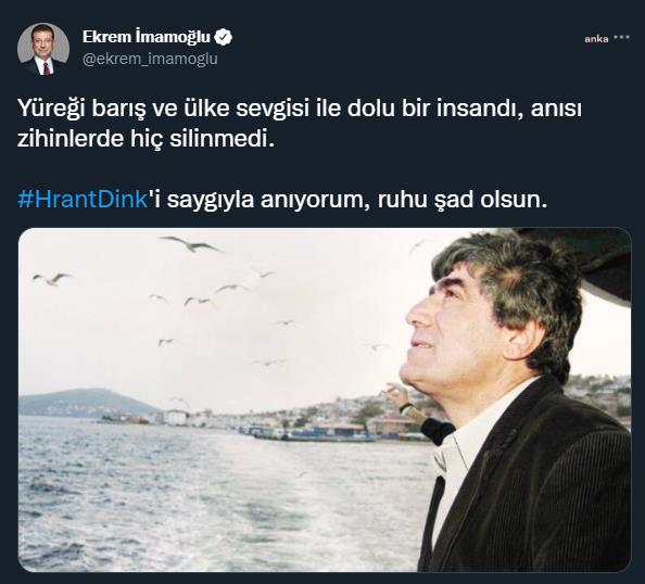 İmamoğlu'dan Hrant Dink mesajı: "Yüreği barış ve ülke sevgisi ile dolu bir insandı"