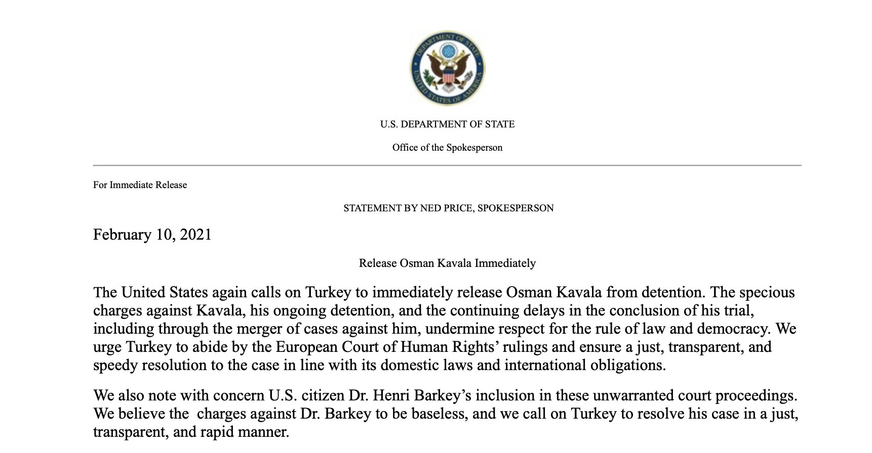 ABD Dışişleri'nden Türkiye'ye Osman Kavala için “serbest bırakın” çağrısı