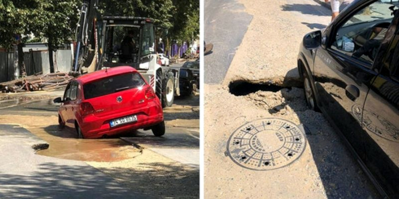 İSKİ'nin çalışma yaptığı yol çöktü, araçlar çukura düştü
