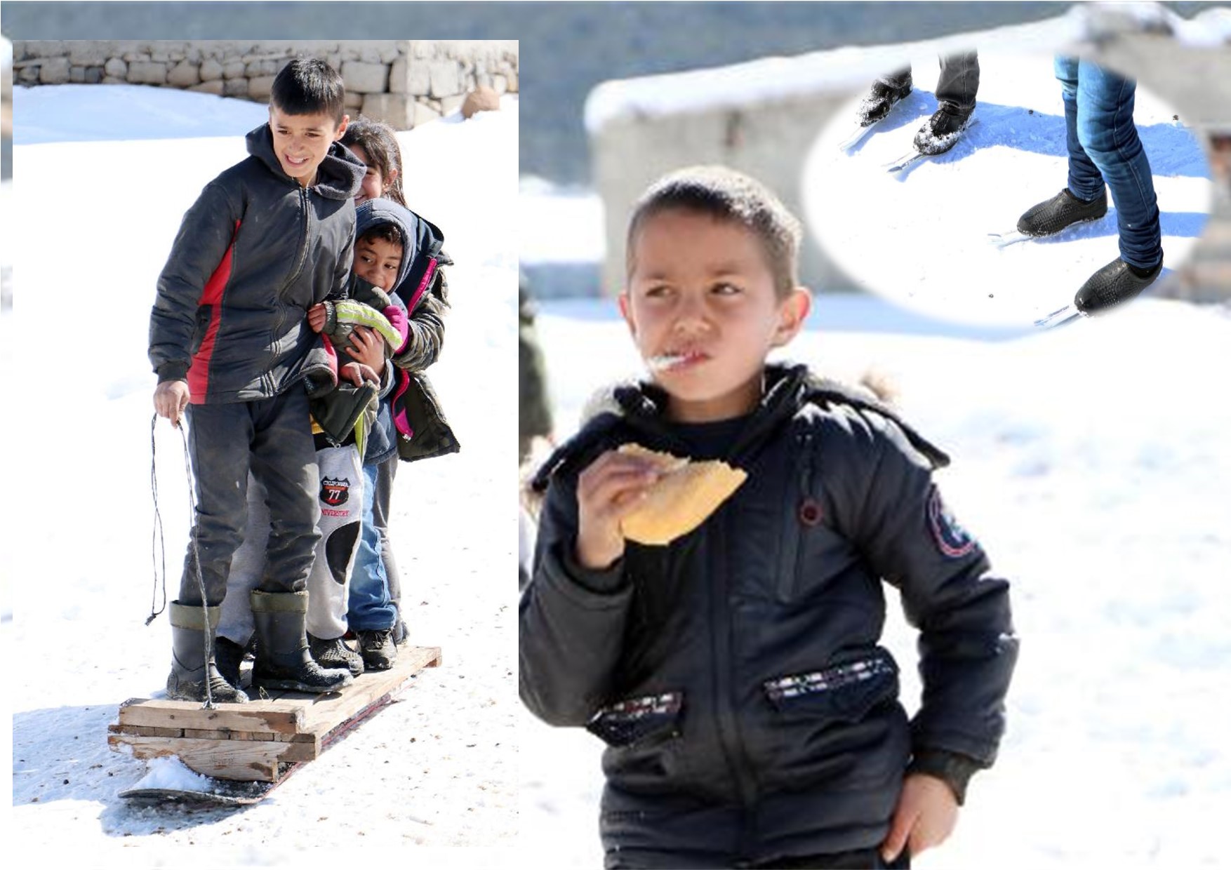 Palandöken'de çocukların plastik ve tahtadan kayak pisti