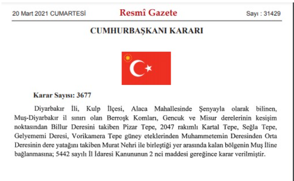 Erdoğan’ın kararıyla Diyarbakır Şenyayla bölgesi Muş'a bağlanırken, Ordu-Giresun sınırı da yeniden belirlendi