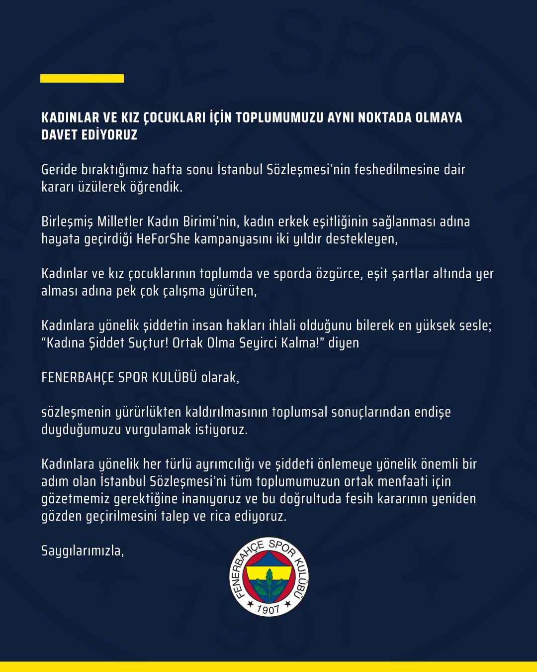 Fenerbahçe'den "İstanbul Sözleşmesi" açıklaması