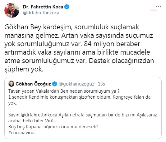 Bakan Koca, Gökhan Özoğuz'a Twitter'dan yanıt verdi: "Gökhan bey kardeşim, suçumuz yok sorumluluğumuz var"