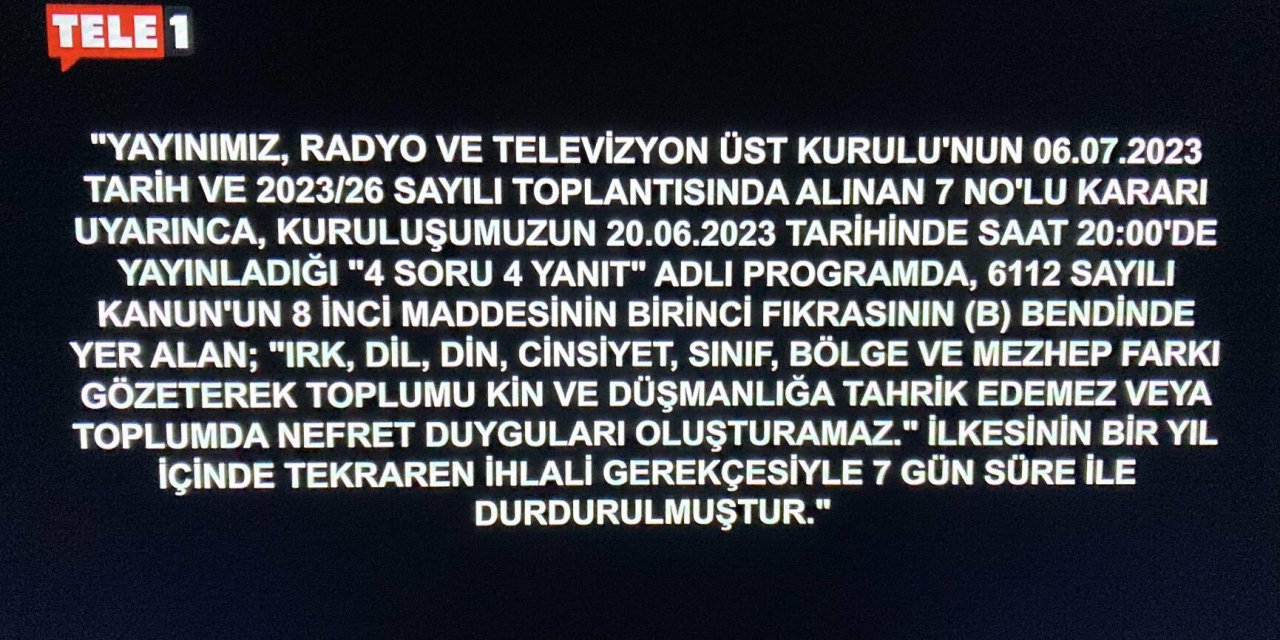 RTÜK'ün cazası uygulanmaya başlandı: Tele 1 ekranı gece yarısı karardı