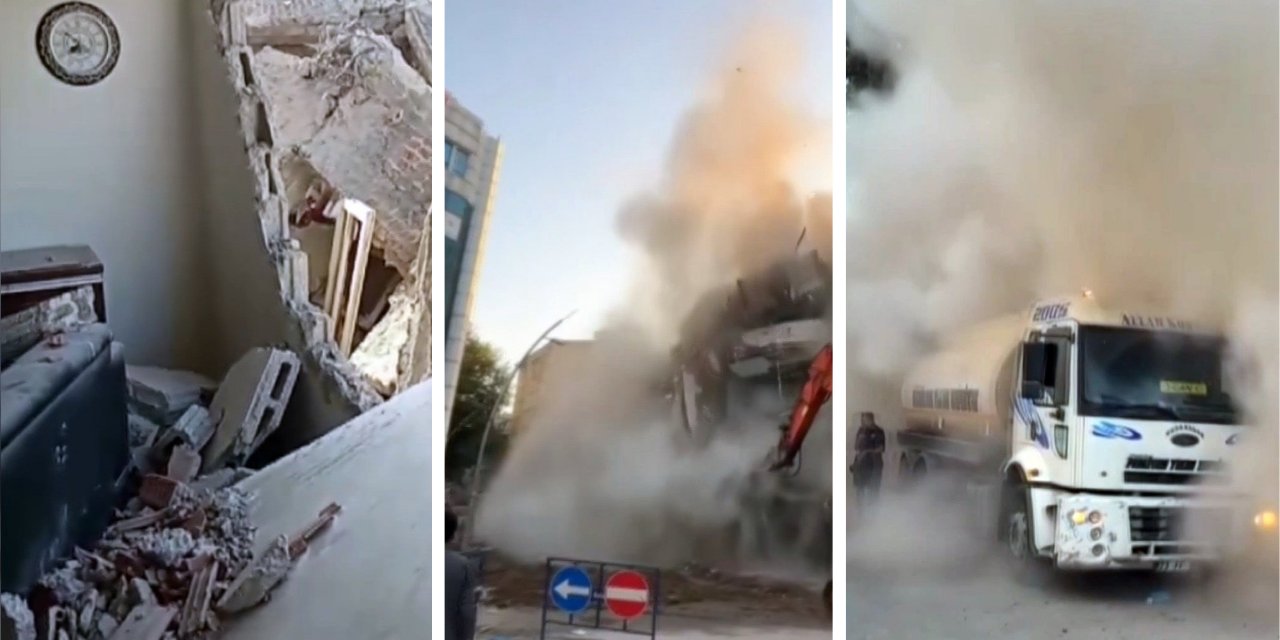 Elazığ'da ağır hasarlı bina kontrollü yıkım sırasında çöktü, yanındaki binaya zarar verdi