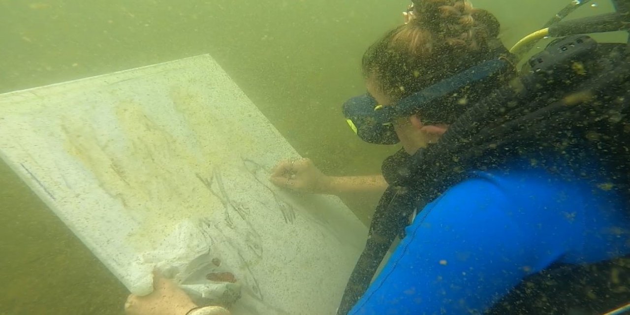 Kirliliğe dikkat çekmek için su altında resim çizdi
