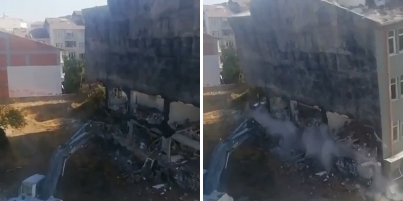 Ağır hasarlı bina kepçenin üstüne çöktü