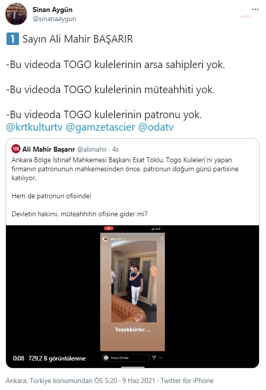 Sinan Aygün'den CHP'li Başarır'a: "O videoda TOGO kulelerinin patronu yok"