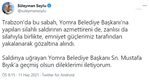 Soylu: "Yomra Belediye Başkanı'na saldıran da azmettiren de yakalandı"