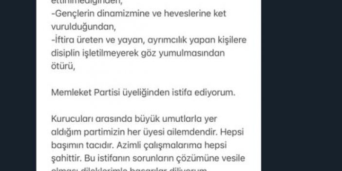 Mehmet Ali Çelebi, Memleket Partisi'nden istifa etti