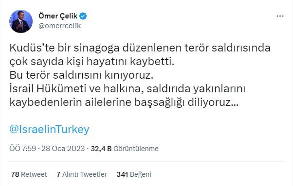 AKP'li Çelik'ten İsrail'e başsağlığı mesajı