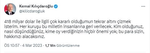 Kılıçdaroğlu'ndan 418 milyar dolar açıklaması